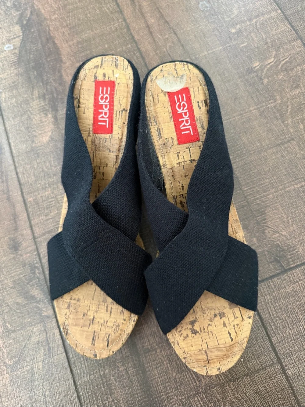 Esprit Black Canvas Cross Strap Cork Wedge Sandals Slides Mules Size 8.5
